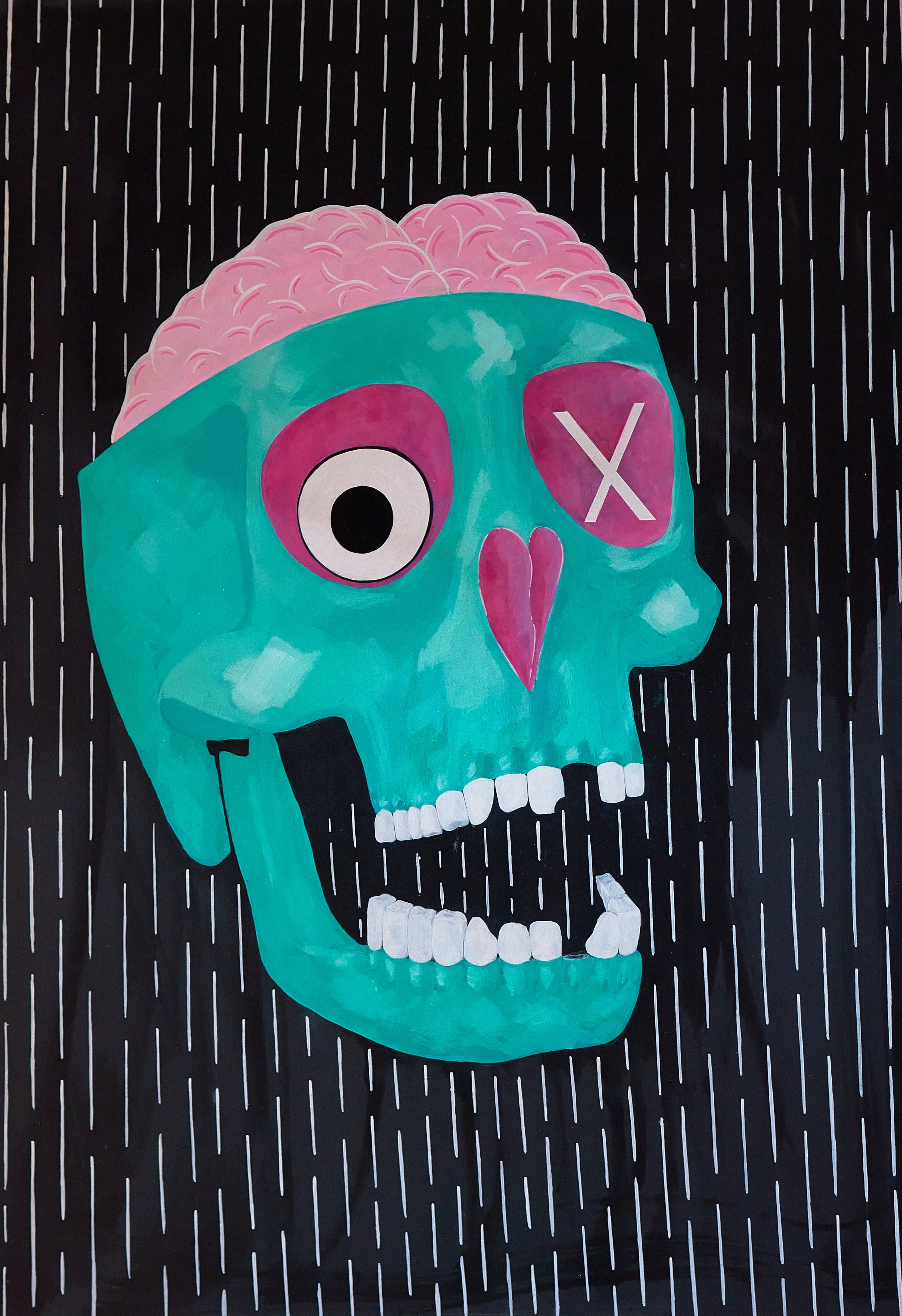 Federico: calavera turquesa bajo la lluvia negra.